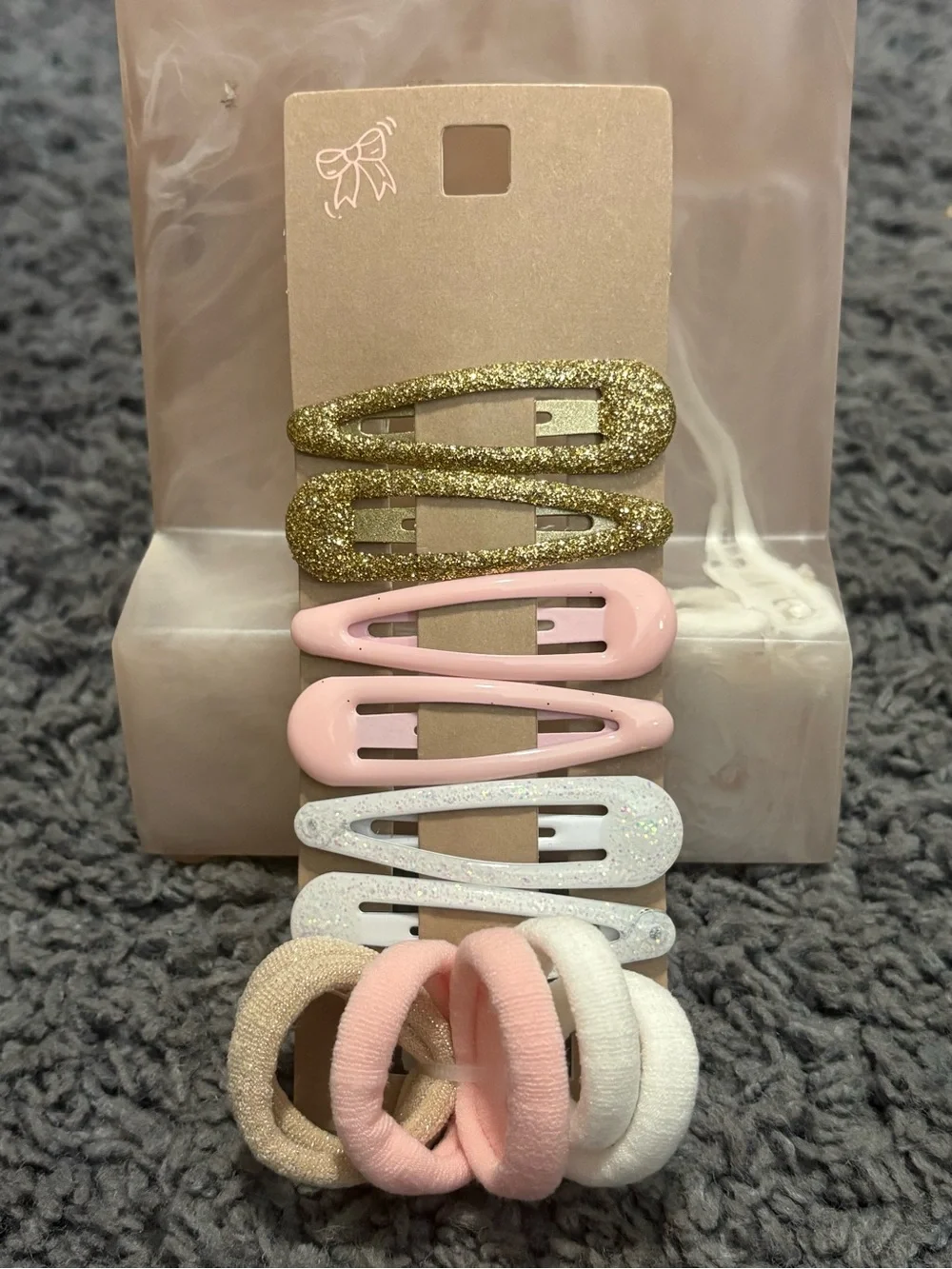 NWT set of 6 hair clips and 6 hair ties - 2 gold, 2 pink, & 2 white